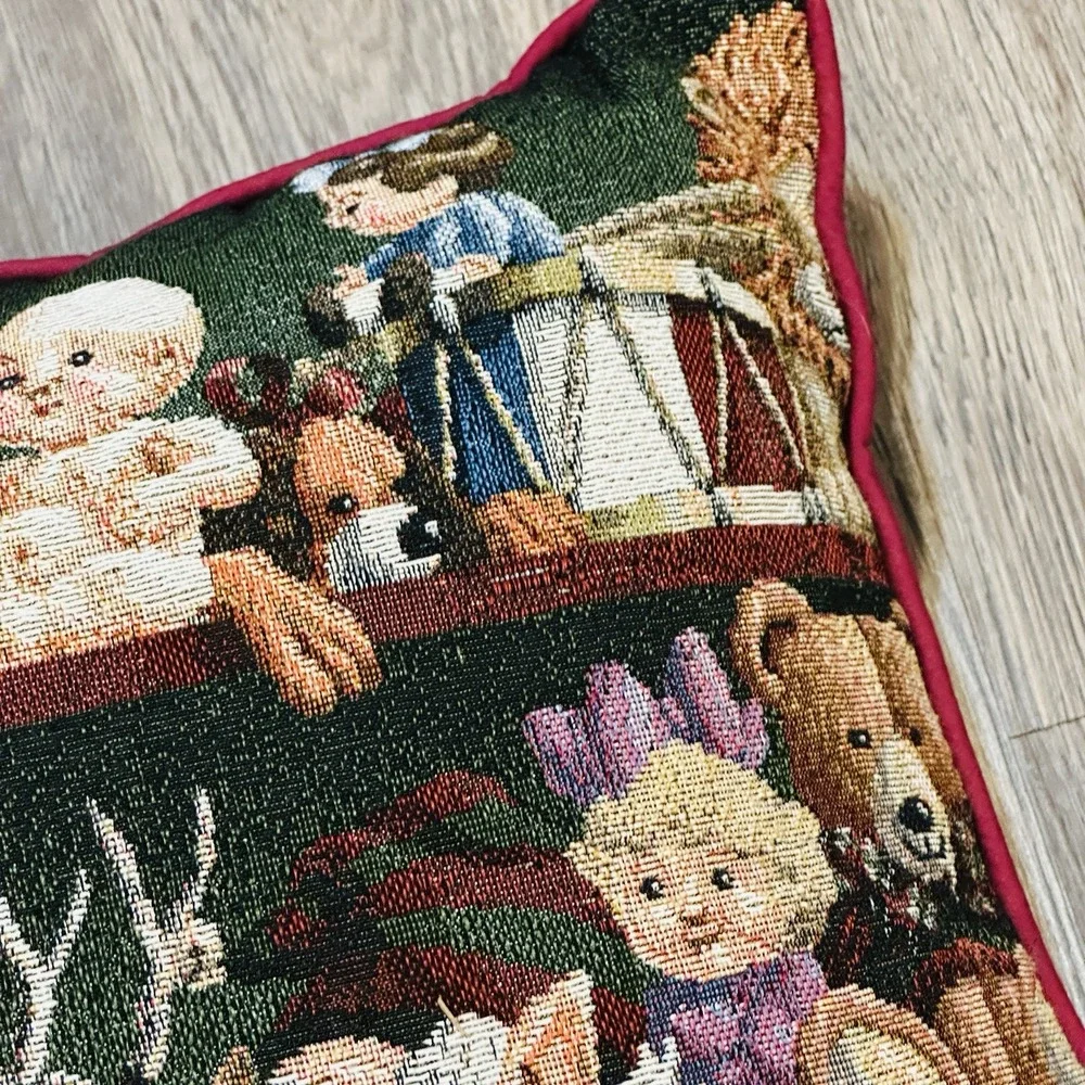Vintage Christmas Tapestry Throw Pillow Santa Workshop Toys Elves 15